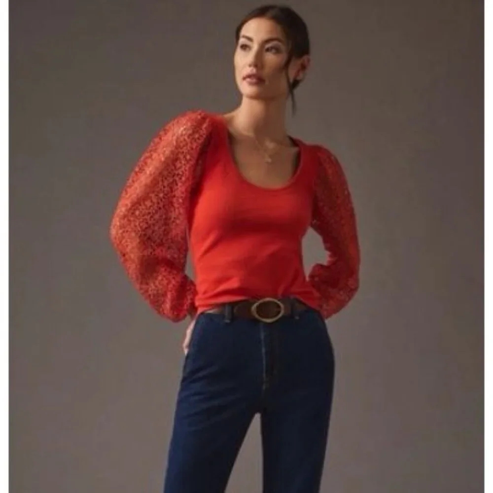 MAEVE ANTHROPOLOGIE lace sleeve top in dark orange size S